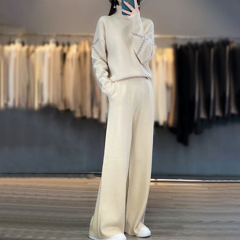 New Style Autumn Winter 100% Merino Wool Women's Knit Suit Thick Warm Knit Turtleneck Pure Wool Sweater & Wide Leg Trousers Set