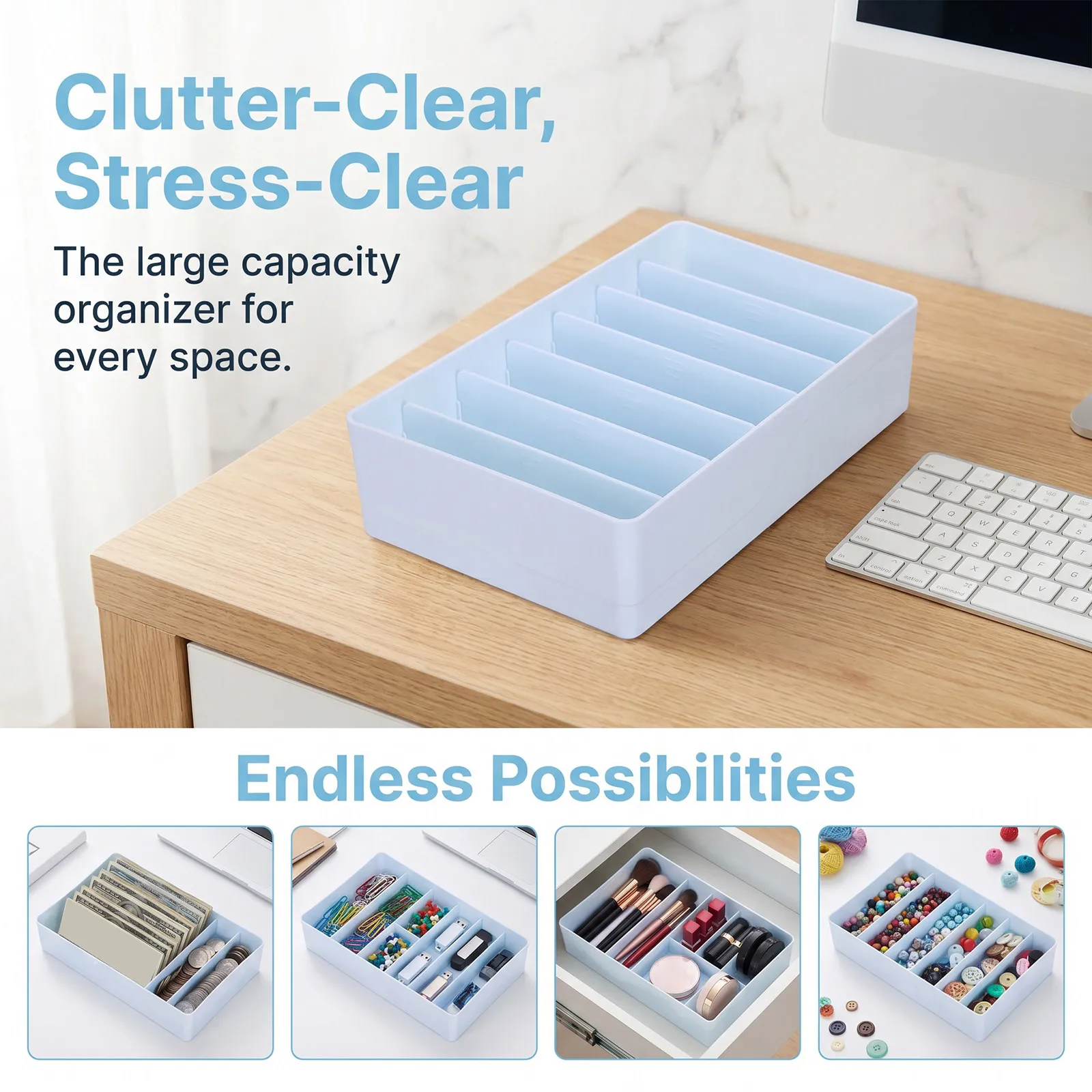 2Pcs Cash Storage Tray Plastic Money Organizer Removable Dividers Office Desk Drawer Container Desktop Currency Holder