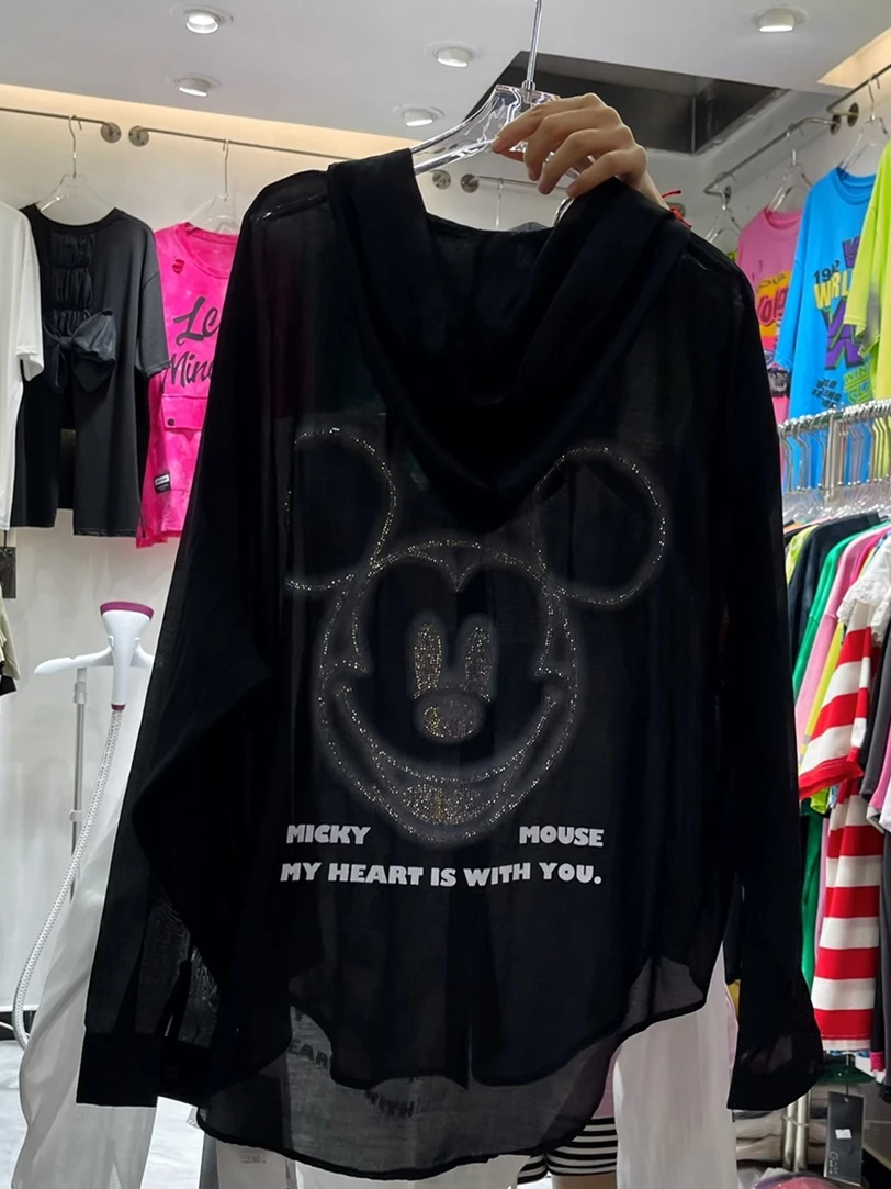 Cartoon Diamond Hoodie Sun Protection Top Female 2024 Summer New Loose Mid-Length Hooded See-through Thin Long Sleeve Shirt