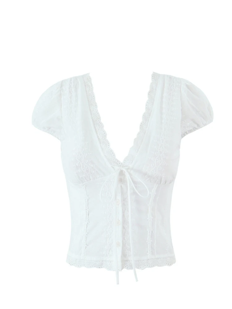 Sexy Embroidered V-ne T-irt with Bowtie White ort Sve Street Sle Summer Faion Trendy Women's Premium Top