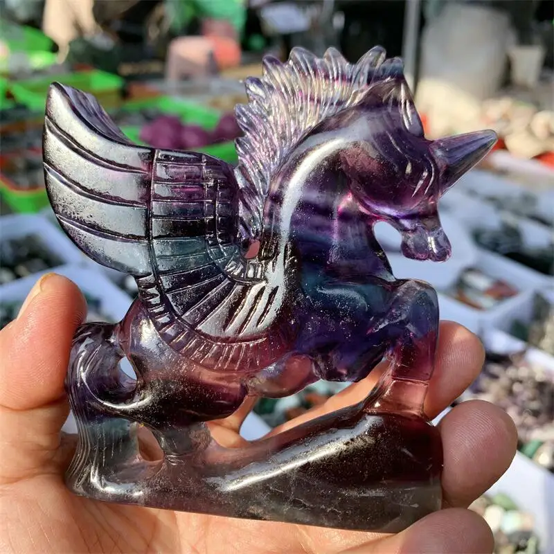 Natural Rainbow Fluorite Unicorn Crystal Carving Animal Statue Healing Decoration Of Domestic Rooms 1pcs