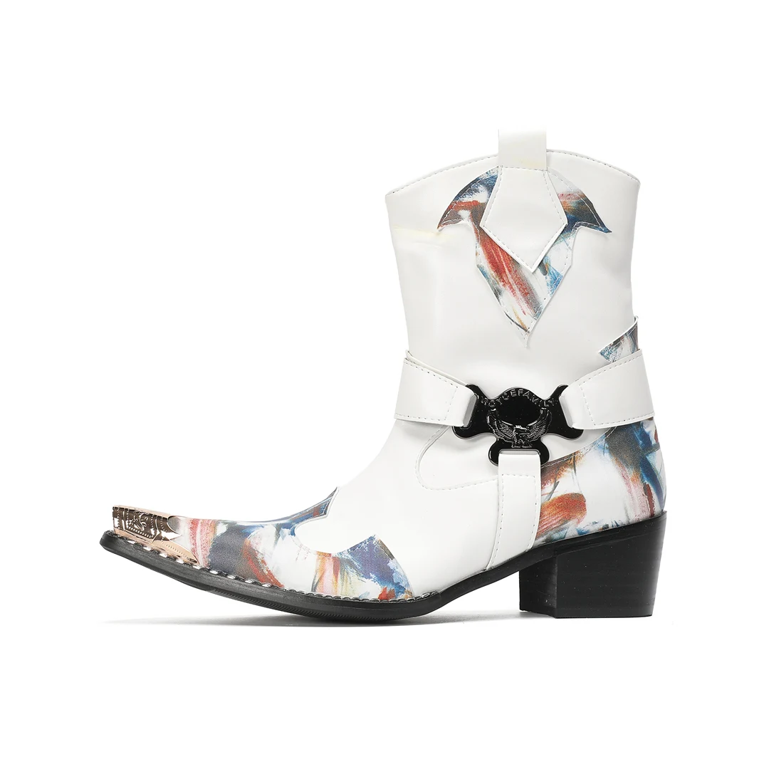 

Новые белые ботинки челси на высоком каблуке, кожаные ботинки с металлическим острым носком в стиле рок-стиль и пряжками, мужские байкерские ботинки