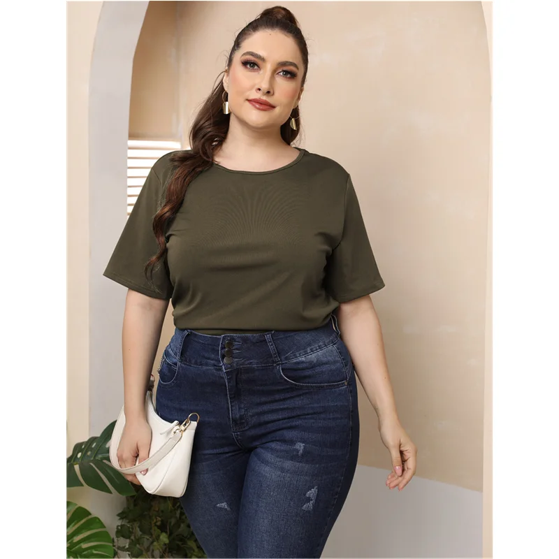

L4XL Summer Casual T-irt Women plus Size Fat Ladies Tops Street Sle Hollow out Loose Fit ort Sve round Ne