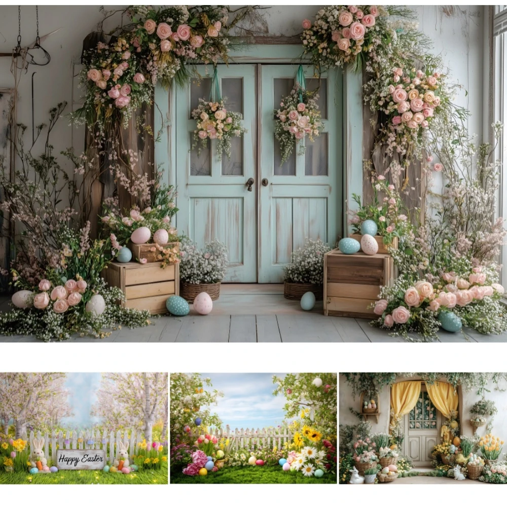 Spring Backdrop Easter Wooden Courtyard Green Grass Fence Rabbit Eggs Flowers Kids Portrait Photography Background Studio Props