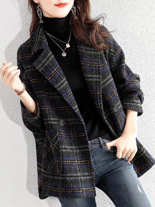 

Women's plus Size Luxury Plaid Thiened Winter Coat Briti Sle Suit Jaet Warm Long Sve Button up Faionable Commute