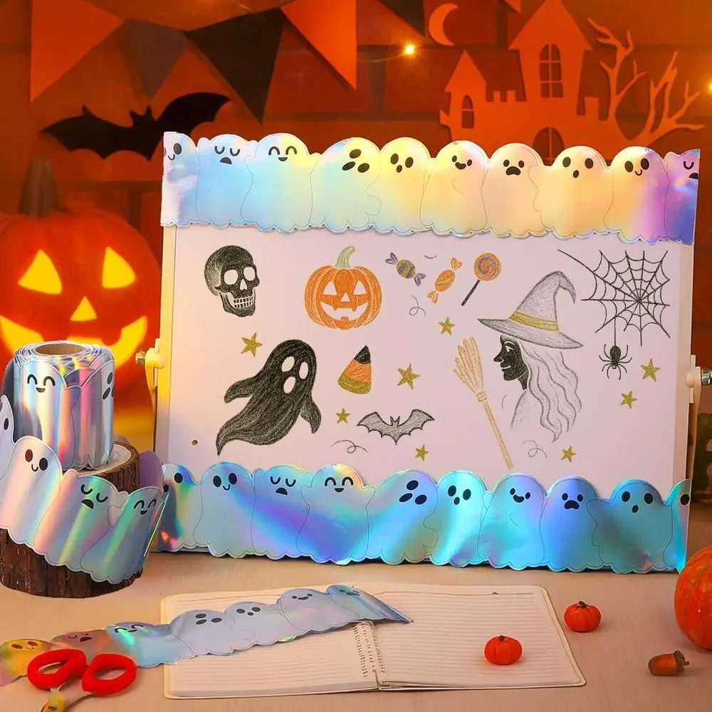 Self Adhesive Halloween Border Stickers Waterproof Cuttable Roll Bulletin Board Borders Cute Style Ghost Flower Pattern