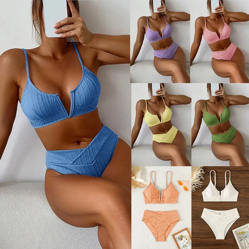 

Sexy High Waist Bikinis Swimwear Women Deep V Neck Solid Swimsuit 2023 Female Ribbed Push Up Beachwear Bathing Set Beach Wear