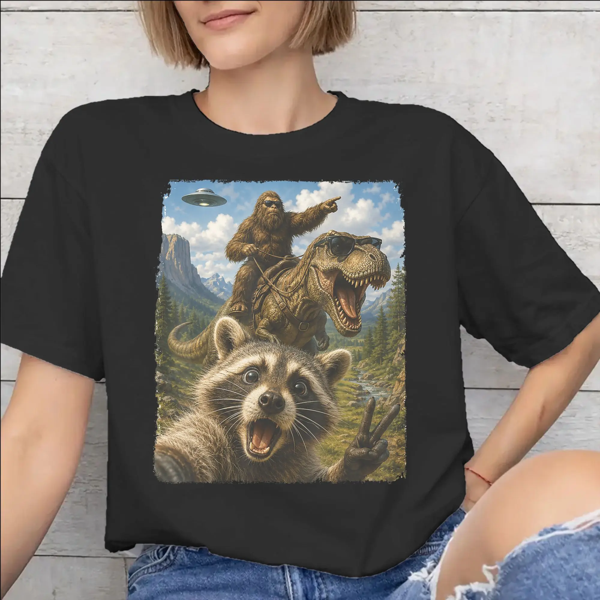All Seasons Funny Bigfoot Ride Dinosaur Raccoon T Shirt For Unisex  Cotton T-shirts Short Sleeve Clothes