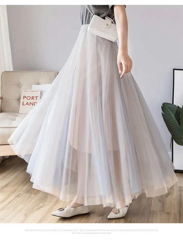 80 90  100cm Contrast Gauze Skirt Women Spring And Autumn High Waist Slim Overskirt Super Fairy Long Dress  Short Sleeve  Match