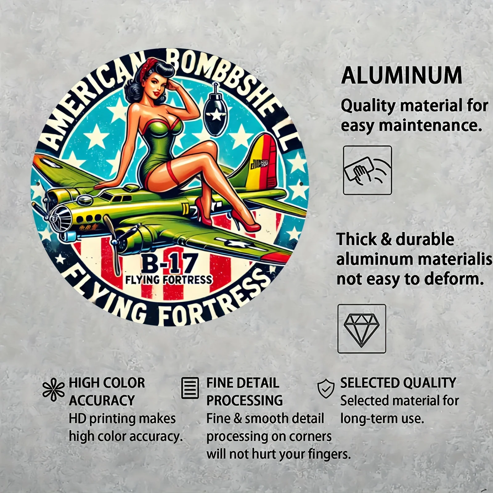 لافتة ألومنيوم دائرية كلاسيكية B-17 Flying Fortress - 20.32x20.32 سم ديكور حائط قديم مع تصميم العلم الأمريكي، متينة وE