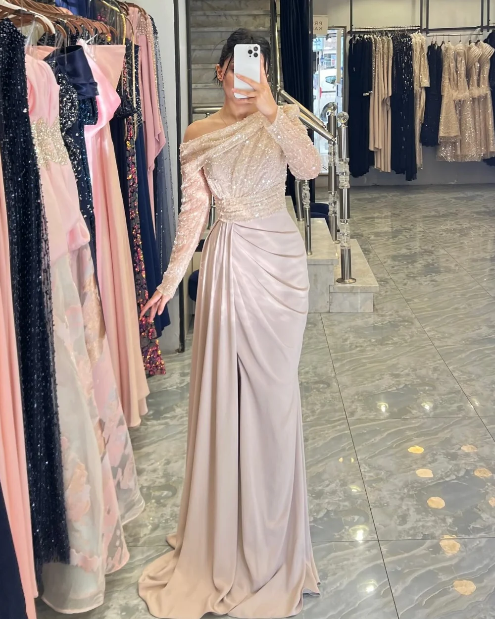 

Customized Intricate Sparkle Jersey Draped Beading Sequined Mermaid Off-the-shoulder Long Dresses Bespoke Occasion Dresses Retro