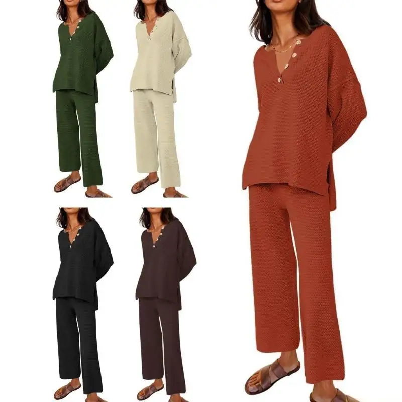 

31BF Casual Women's Sweater Set Button Long Sleeve Pullover and Wide Leg Trousers