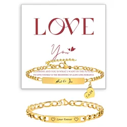 Personalized Matching Bracelet Couples, Stainless Steel Figaro Cuban Chain Link, Heart Danglin Engraving ID Bracelets
