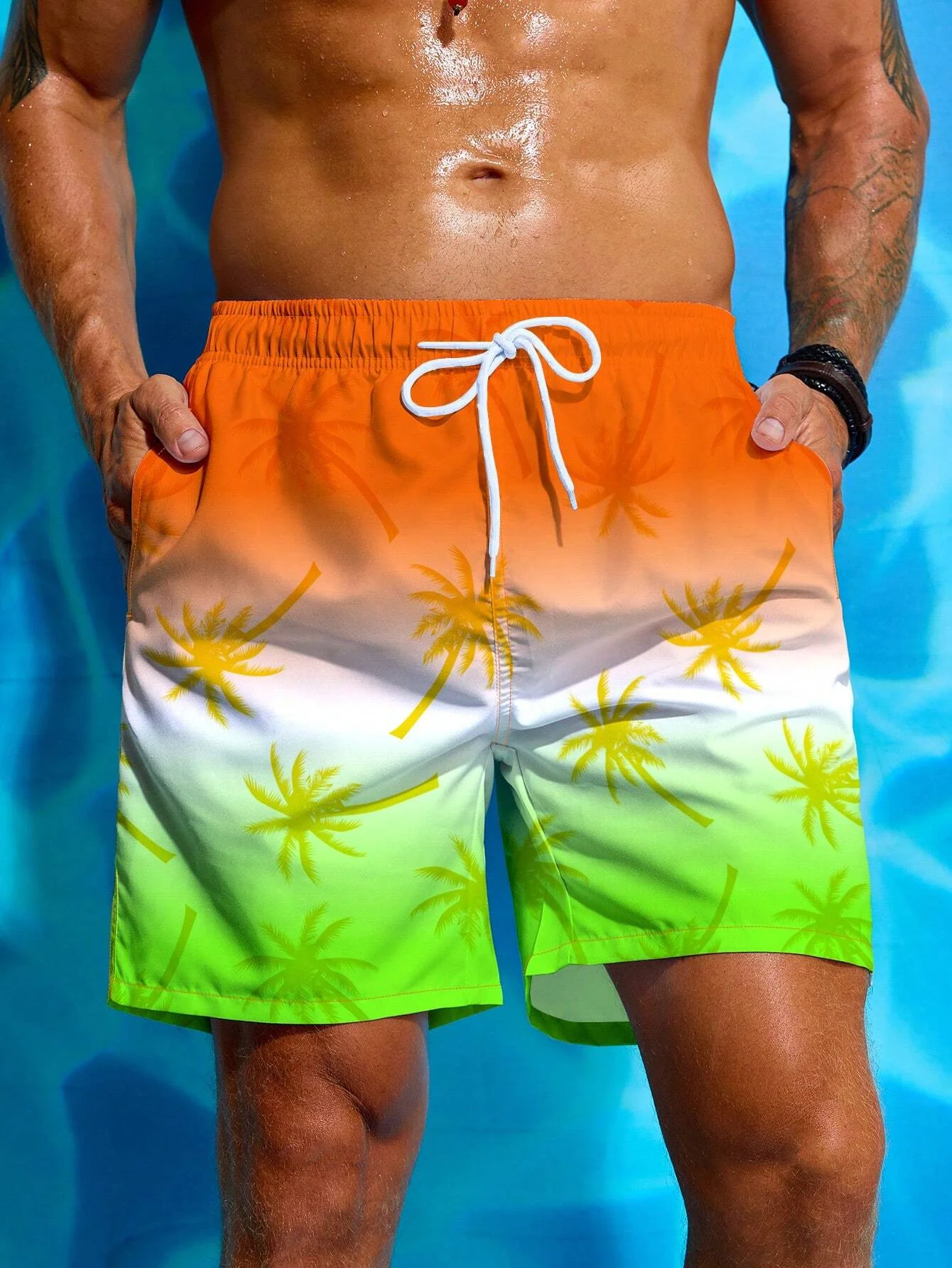 Drawstring Men\'s Beach Short Men\'s Swim Trunks Elastic Waist 3D Print Palm Tree Gradient Breathable Short Streetwear Polyster