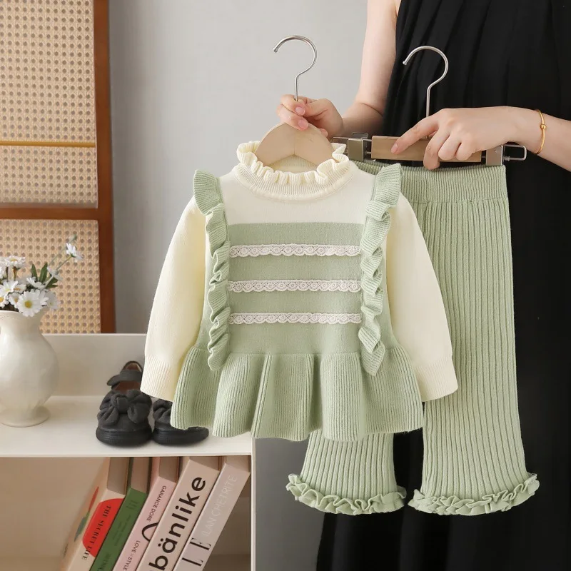 1-9Y Girls jumper round neck 2025 new knitted two-piece sweet cute little girl trousers set 90-130cm