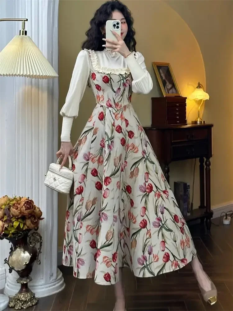 Gagarich Retro Gentle Style Long Sleeved Fake Two-piece Floral Dress Women Spring Autumn New Sweet Age Reducing Fairy Vestidos