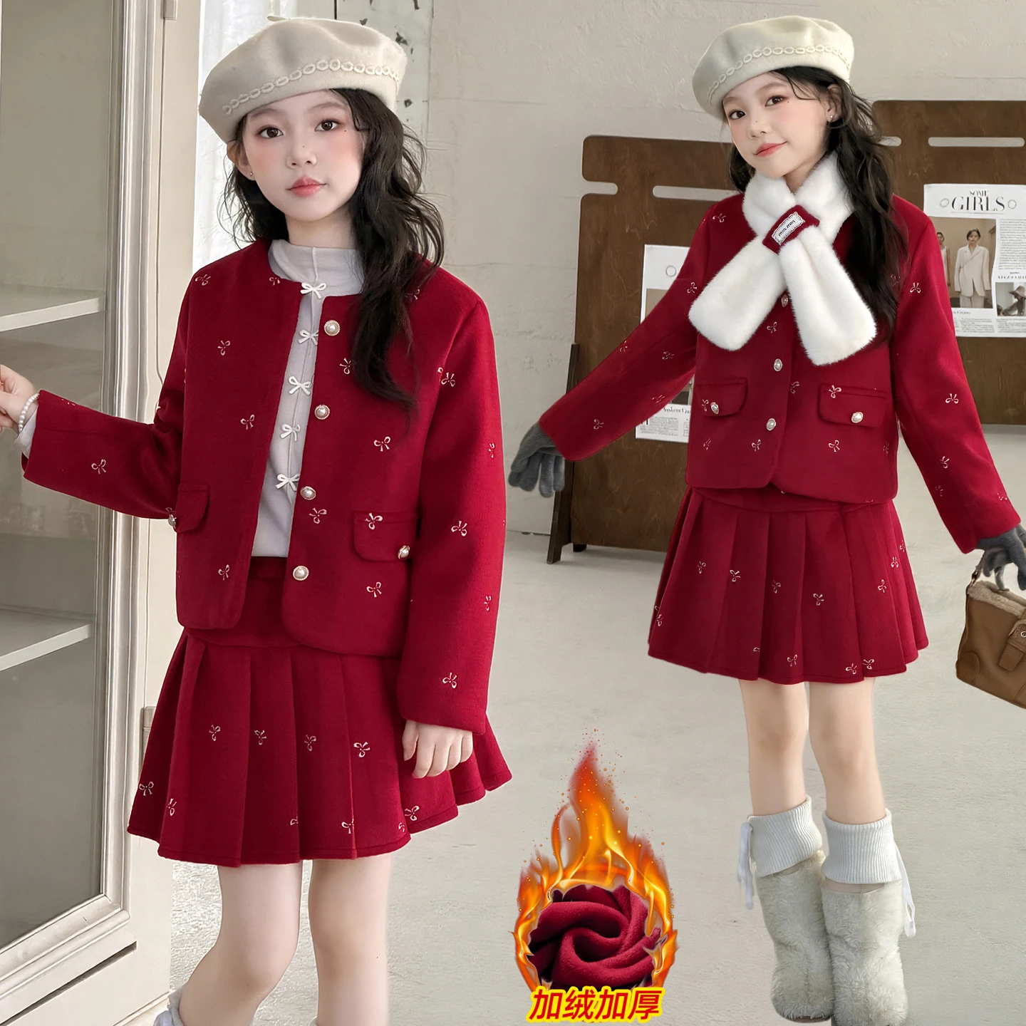 

new red teen girls skirt suit Embroidered butterfly velvet jacket+pleated skirt 2pcs chic junior kids clothes set child outfits