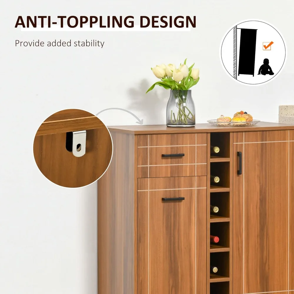 Retro-Style Wine Cabinet for 6 Bottles, Sideboard Serving Bar with Glass Holders and Drawer, Brown