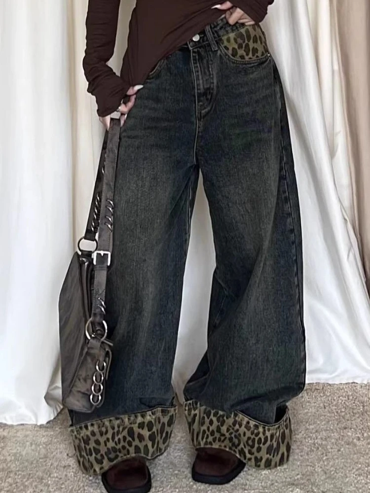 HOUZHOU-pantalones vaqueros con estampado de leopardo Retro americano para mujer, pantalones holgados lavados Vintage Y2k, pantalones vaqueros de calle con retales Grunge