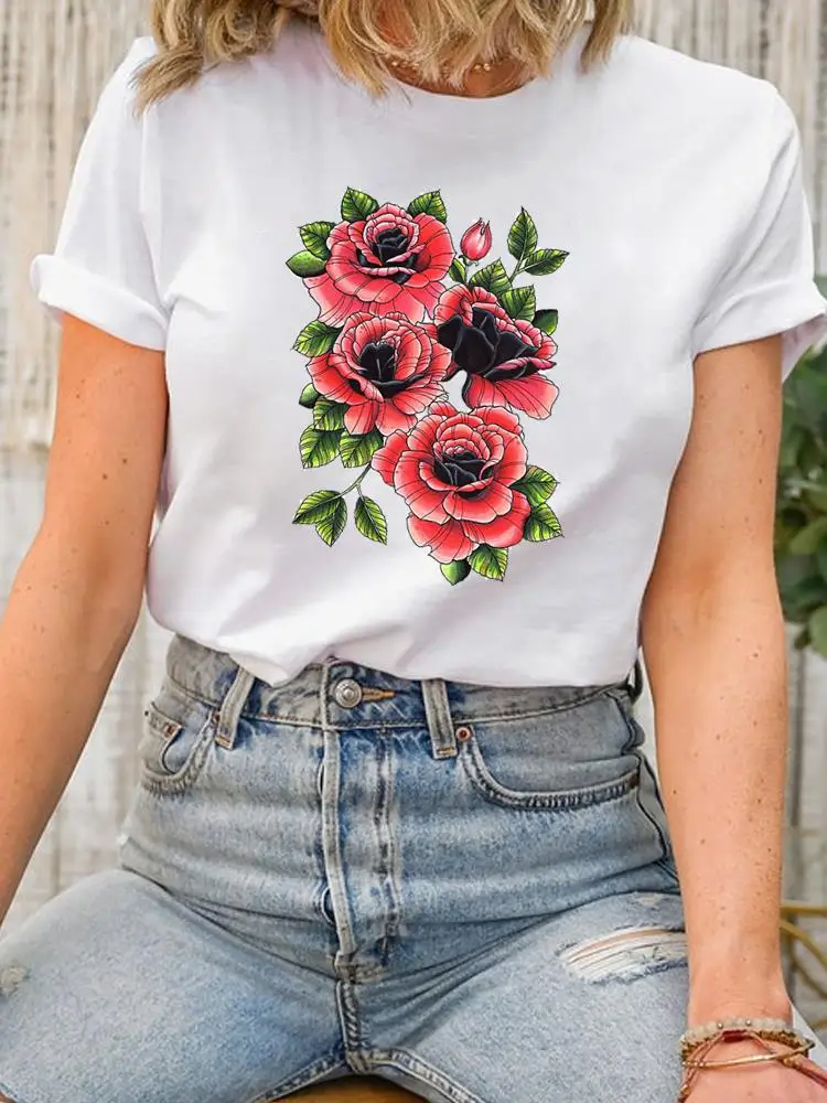 

Flower Style Trend 90s Short Sleeve Clothing Fashion Print Women O-neck Clothes Graphic T-shirt Lady Top Female Shirt Tee