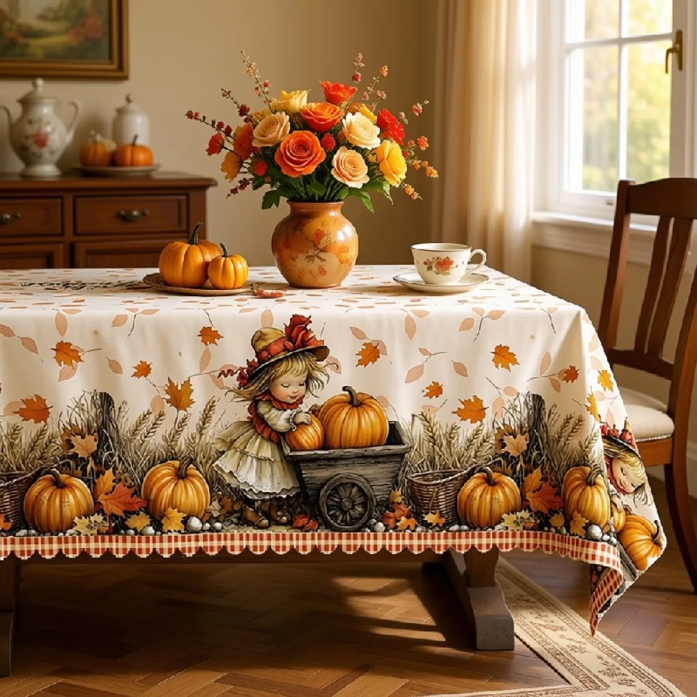 Autumn Farmhouse Tablecloth with Scarecrows & Carts for Indoor/Outdoor Camping decor, Rectangular/Round/Oval