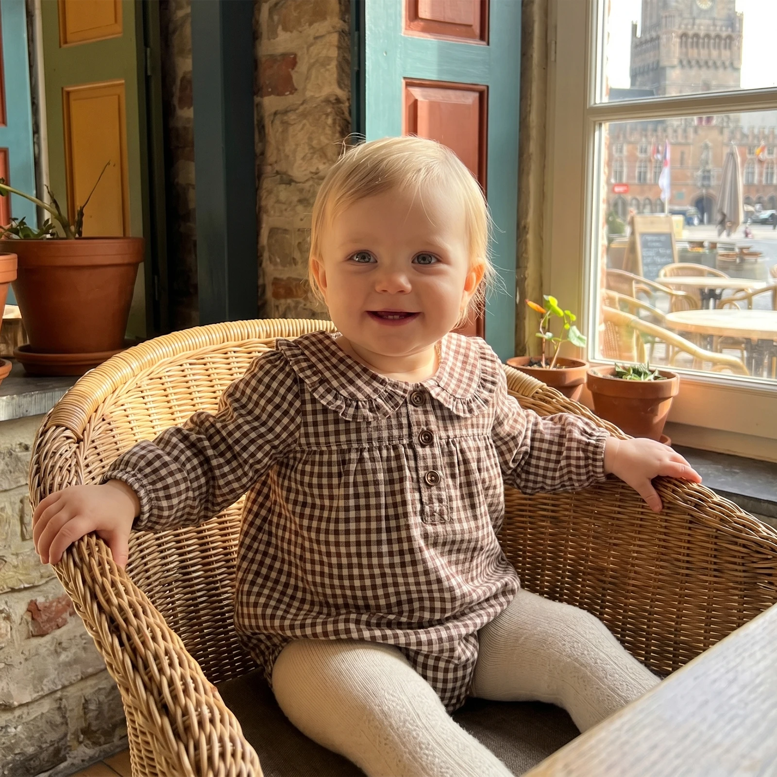 Baby Girl Fall Romper Plaid Print Long Sleeve Doll Collar Button Front Bubble Bodysuit Overalls Clothes