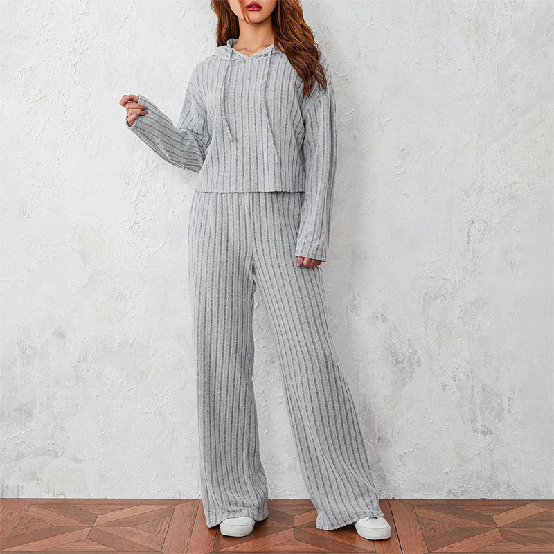 Fall Spring Outfits Women Rib Knitted 2Pcs Solid Long Sleeve Hoodies Tops Sweater and Elastic Waist Pants Suit Casual Homewear