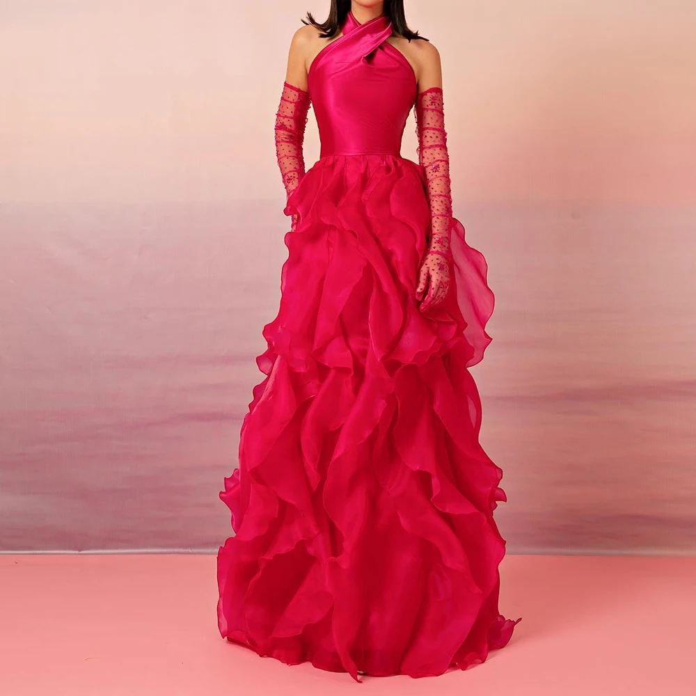 

Customized Organza A-Line Detachable Sleeve Ruffles Evening Dress High Collar Zipper Back Floor Length Panel Train Red Delicate