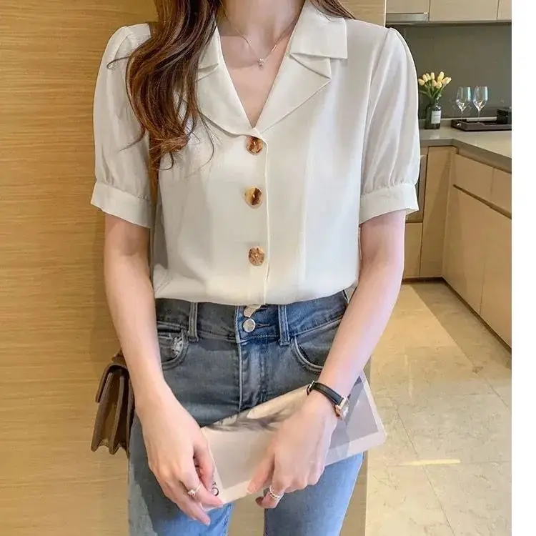 Camicia in chiffon stile coreano nuova estate con scollo a V retrò con design a maniche corte per donna