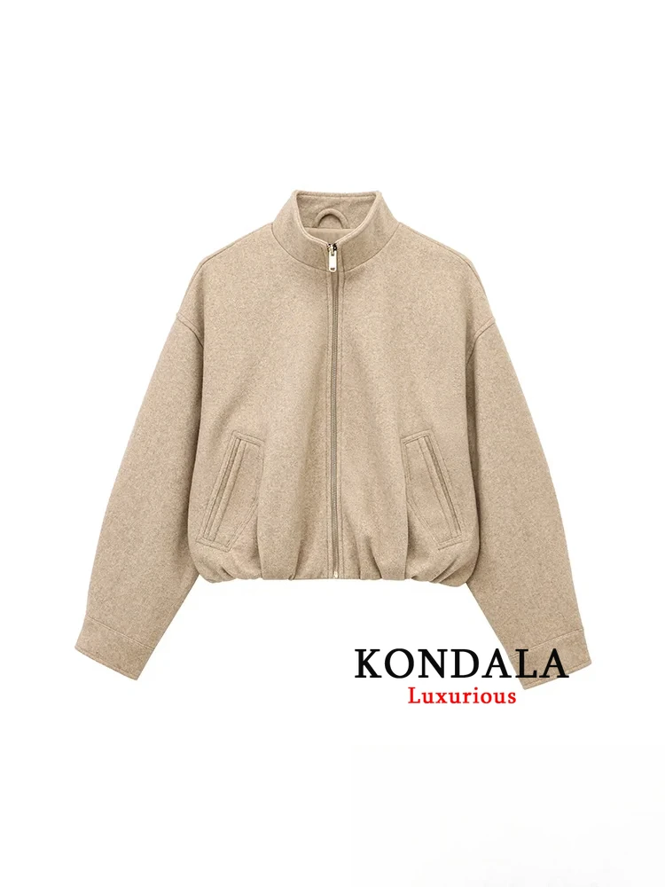 

KONDALA винтажная повседневная шикарная мягкая куртка-бомбер сплошной молнией и круглым вырезом спереди карманы пальто с длинными рукавами модные весенние пальто 2025