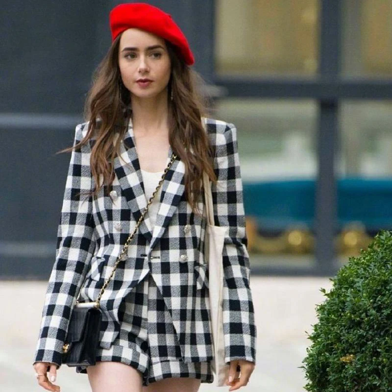 Emily In Paris Same Classic Black and White Plaid 2 Piece Set Suit Coat + High Waist Shorts Elegant Tweed Blazers Fashion Suit