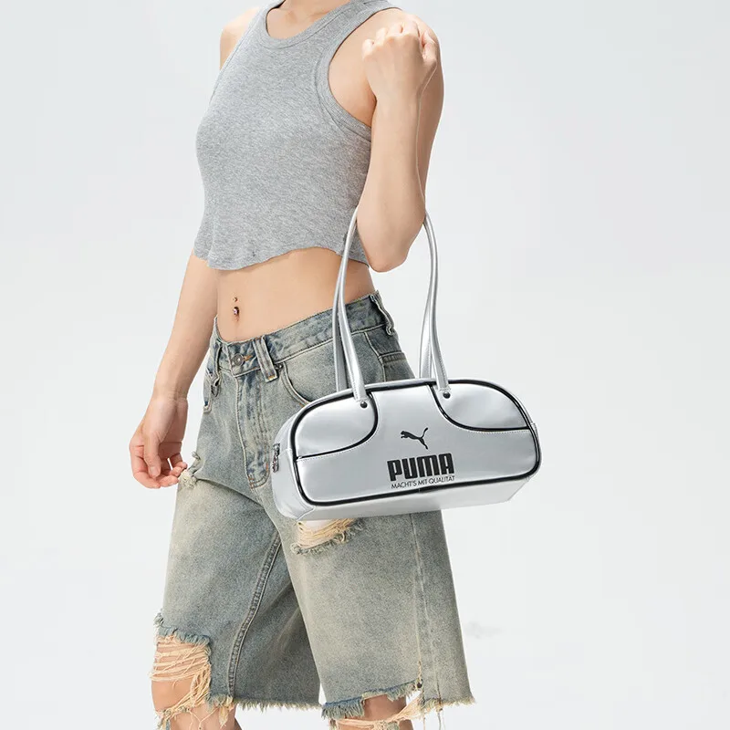 PUMA 093044-01 Women Faux Leather Shoulder Bag Vintage Logo Handbag Lightweight Daily Sports Shopping Grey Black Crossbody Purse