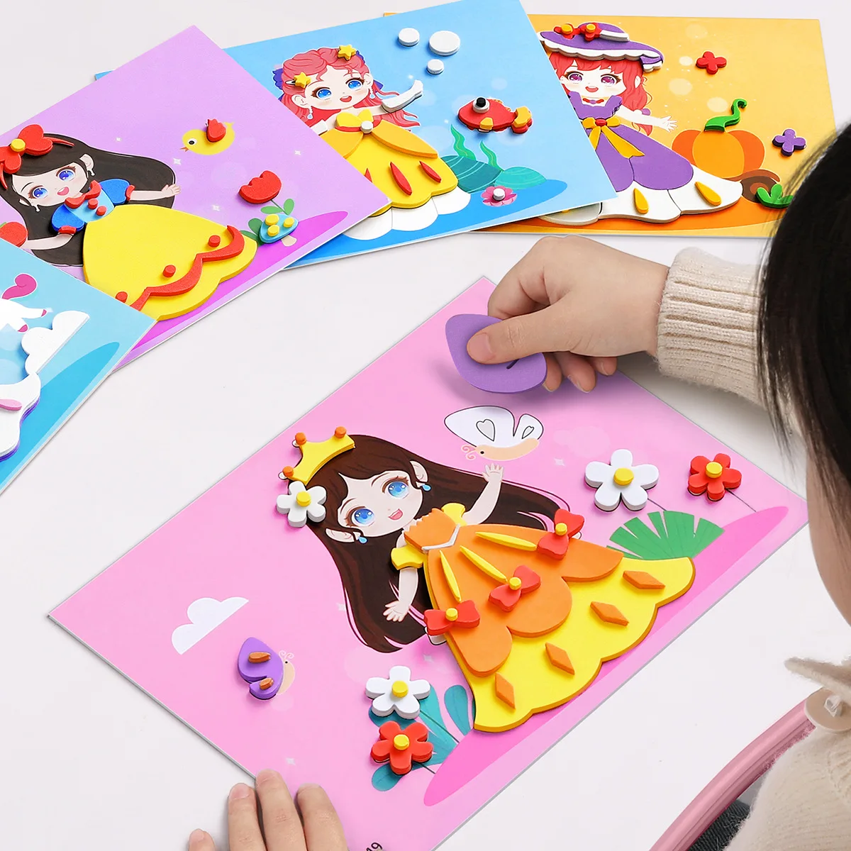 Conjunto de 6 Adesivos 3D em EVA, Quebra-Cabeça de Princesa e Animais para Crianças, Brinquedos com Múltiplos Padrões para Presentes Infantis