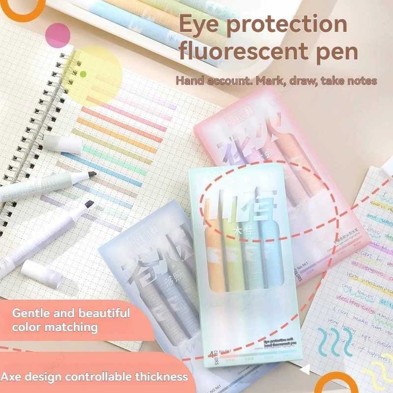 4Pcs Kawaii Highlighter Pen Set Fluorescent Marker for Student Ledger Note Marking Drawing DIY Craft School Office Stationery