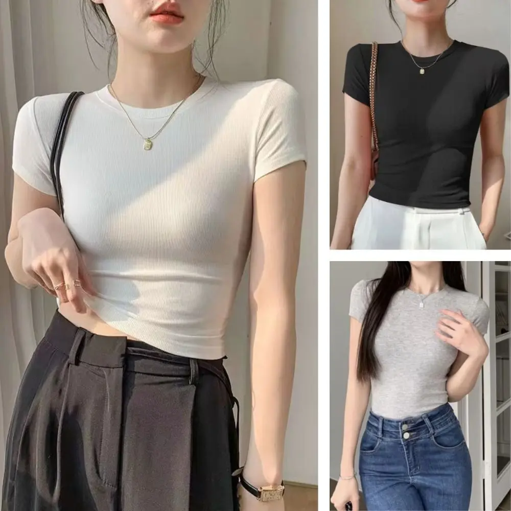 

Solid Color Basic Short Sleeve T Shirt Y2k Pullover Tees Shirts Women All-match Undershirts Simple Bottoming Shirts Woman