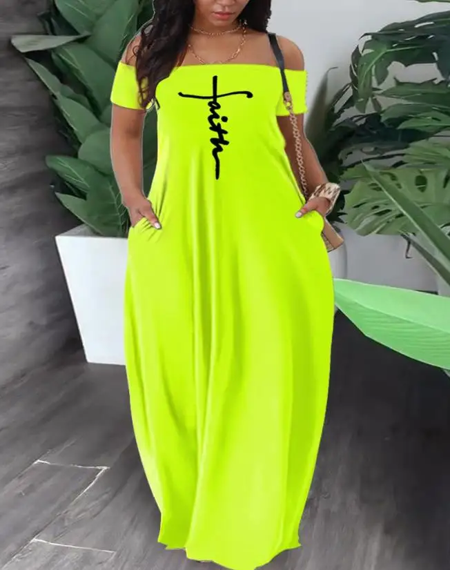 

Women's Dress 2024 Spring Summer Latest Chic Plus Size Faith Print Off Shoulder Maxi Dress Letter Short Sleeve Pocket Long Skirt