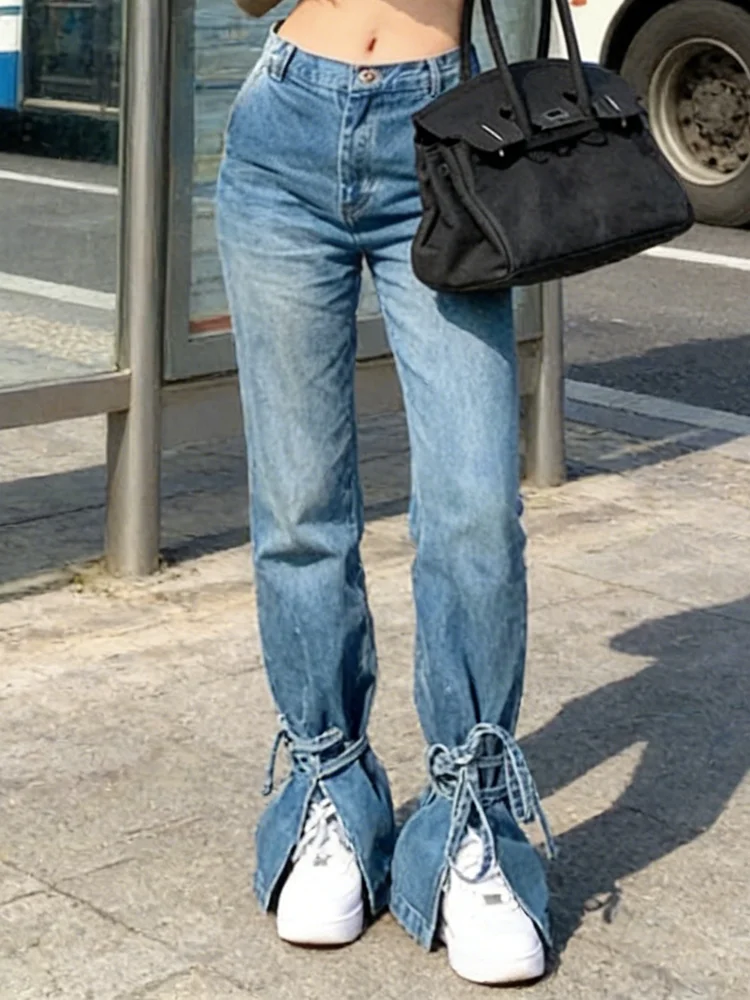 PBAP Vintage Strappy Straight Jeans Reaxled Fit Light Washed Pockets High Waist Split Pants School Casual Korean Woman Clothes