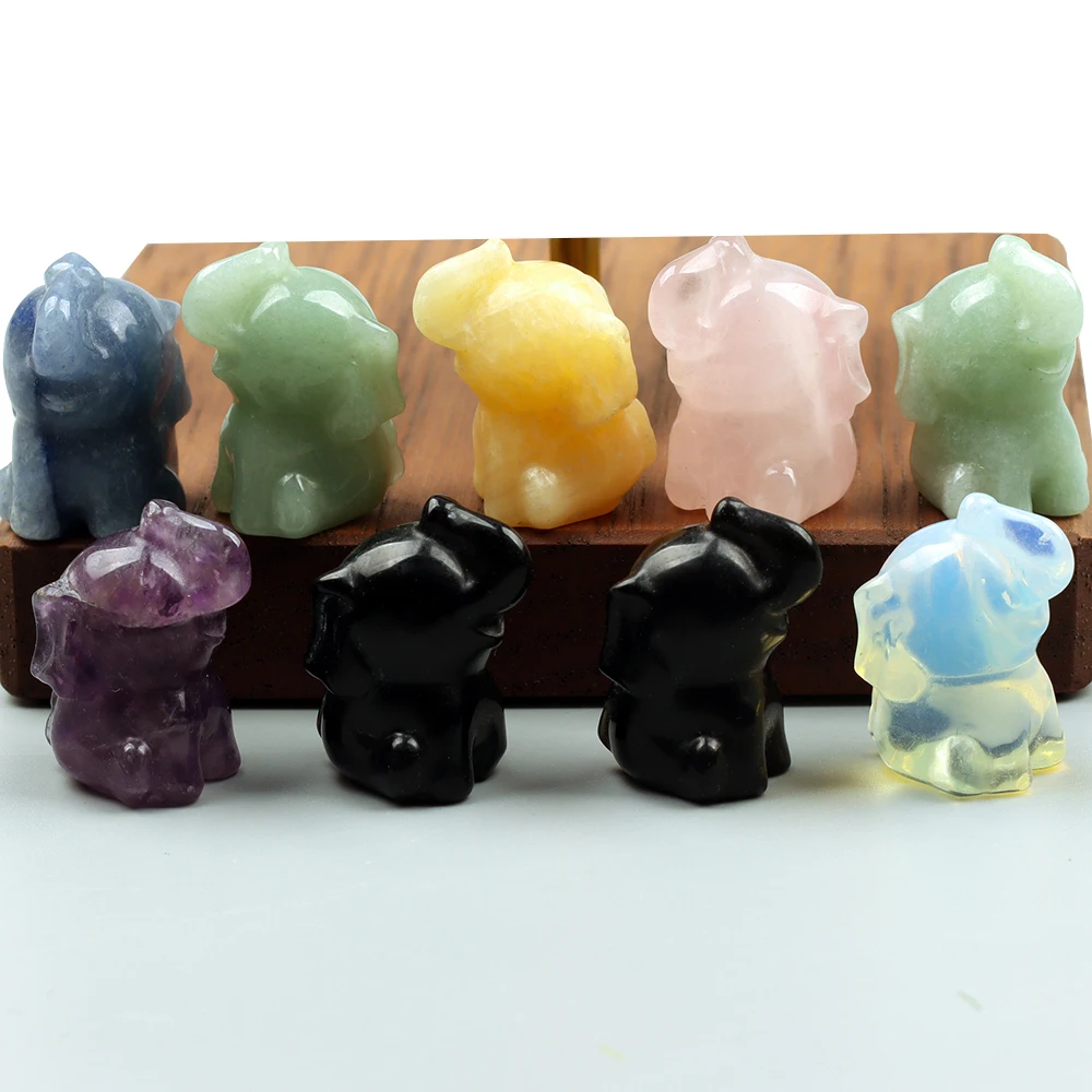 2 Pcs/Set 1-Inch Mini Crystal Elephant Carving Figurine Amethyst Quartz Jade Animal Statue for Home Decor
