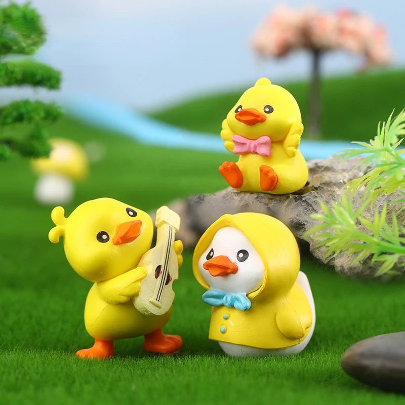 6pcs Umbrella Raincoat Cartoon Duck Mini Ducks Miniature Figurine Ornaments Yellow Ducklings Fairy Garden Terrarium Decoration