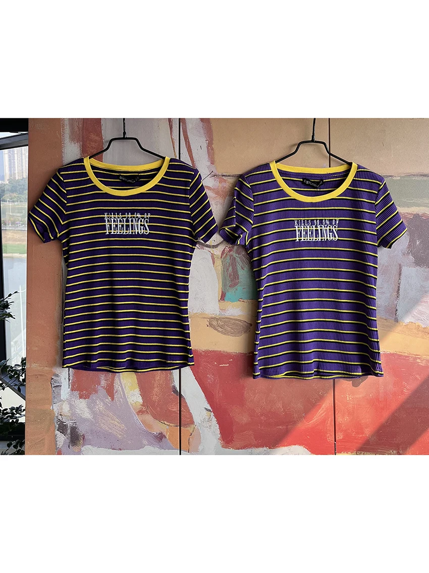 Ultra Slimming And Whitening Disturbia Purple Striped Short Sleeve Ribbed T-Shirt Street Style Cotton Summer round Neck Regul...