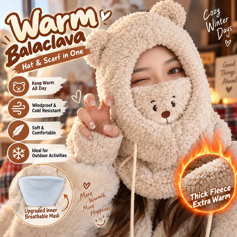 Adorable Bear Scarf Hat with Hood Brim Mask Warm Plush Winter Hat for Adults Cozy One-Piece Neck Warmer Cute Cold Weather