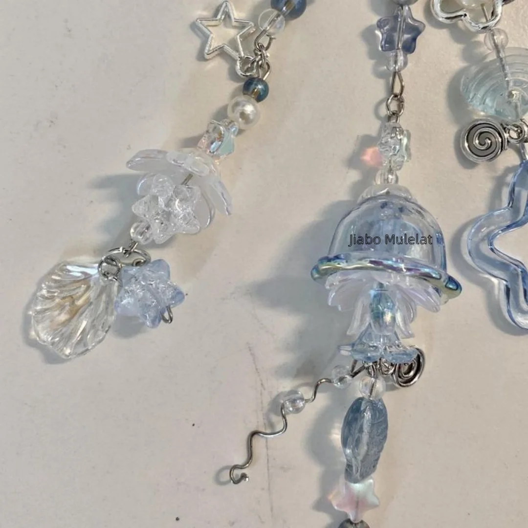 Y2k handmade white bow dot light blue jellyfish keychain