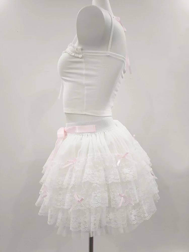 Saias de renda fofas para meninas doces, fitas, decoração de arcos, cintura elástica, estilo Lolita, saia multi-camadas, roupas kawaii