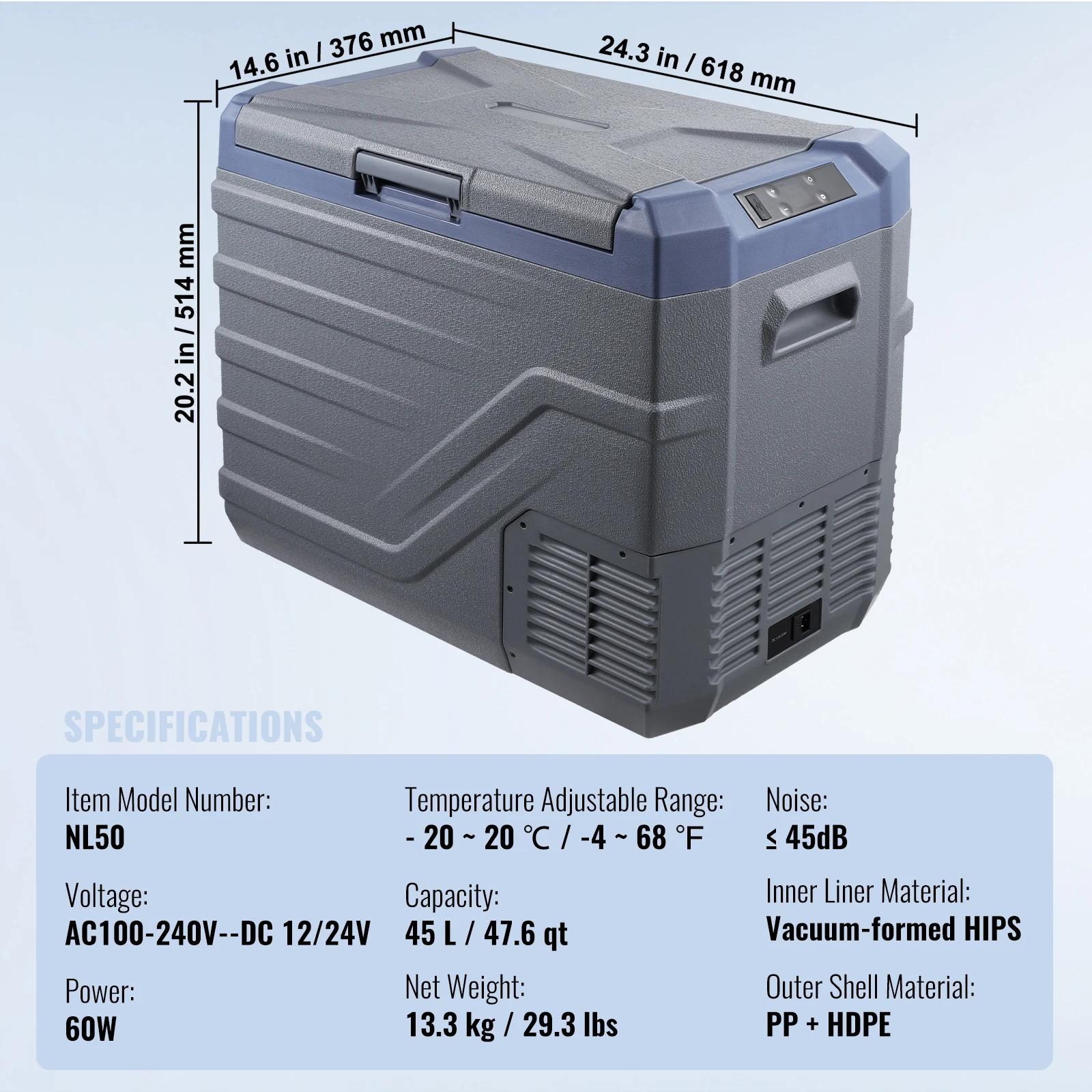SucceBuy 30/37/45L Auto Koelkast Enkele Zone Draagbare Vriezer & Ingebouwde Licht Compressor Koeler voor Outdoor Camping RV