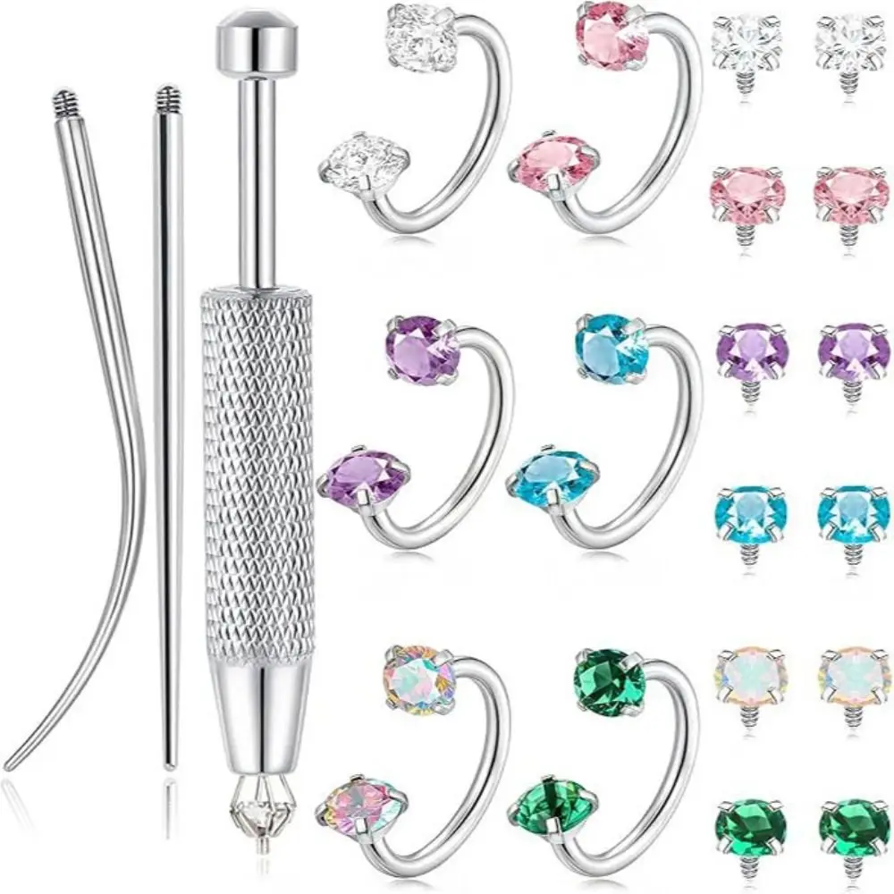 6/9/15pcs Stainless Steel Ear Piercing Jewelry Tool Set Zirconia Rhinestone Nose Rings Studs Durable 8/10mm Ear Piercing Tool