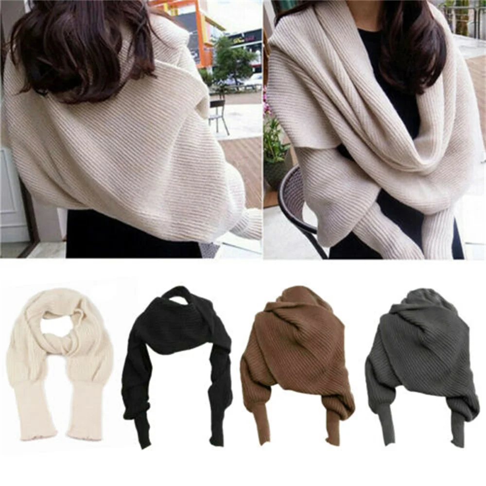 5 Colors Knitted Sweater Tops Casual Shawl Women Long Scarf With Sleeves Wool Knitted Scarves Women Thick Warm Cardigan Outdoor