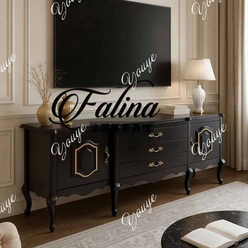 

French TV cabinet light luxury high sense floor solid wood carving retro black living room wall storage side cabinet