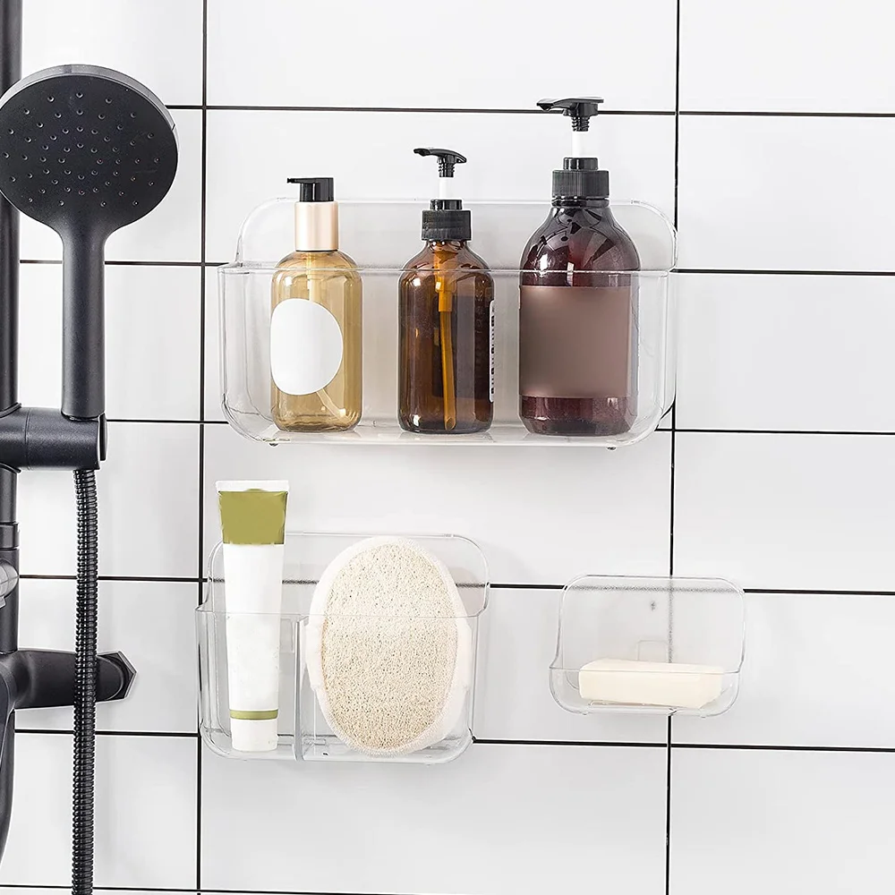 ABHU Paquete de 3 soportes de ducha, jabonera y soporte para cepillos de dientes, almacenamiento de ducha de plástico montado en la pared para baño y cocina
