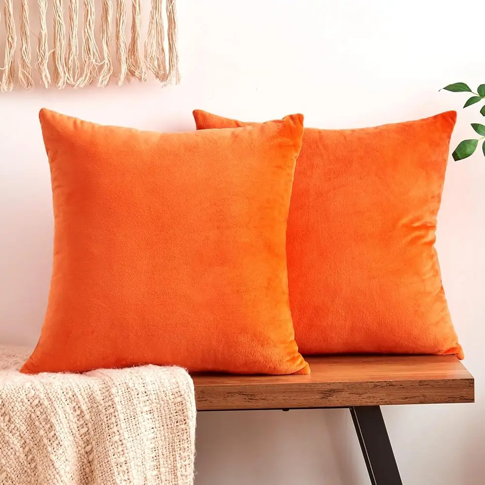 

Fall Orange Throw Pillow Covers Decorative Velvet Set Of 2 24X24 H Pillow Covers, Soft Burnt Orange Pillowcases For Couch Sofa