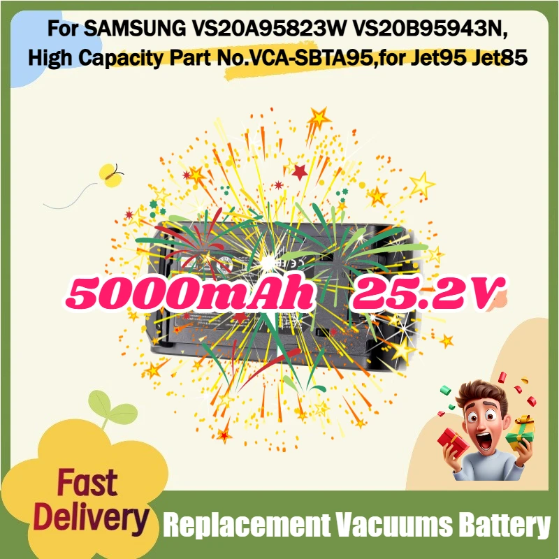 

Аккумулятор для пылесосов SAMSUNG VS20A95823W VS20B95943N, высокой емкости, артикул VCA-SBTA95, для Jet95 Jet85, 5000 мАч, 25.2 В, сменный.